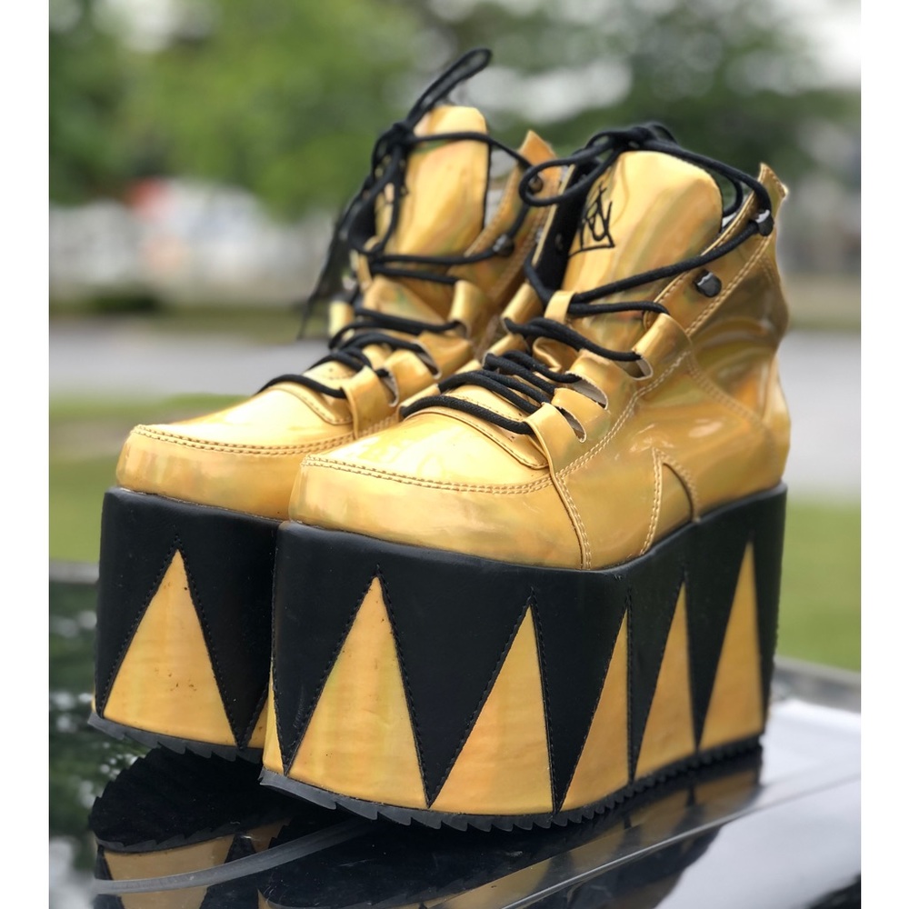 Gold Tone/ Black Chevron Holographic Sneaker Platforms